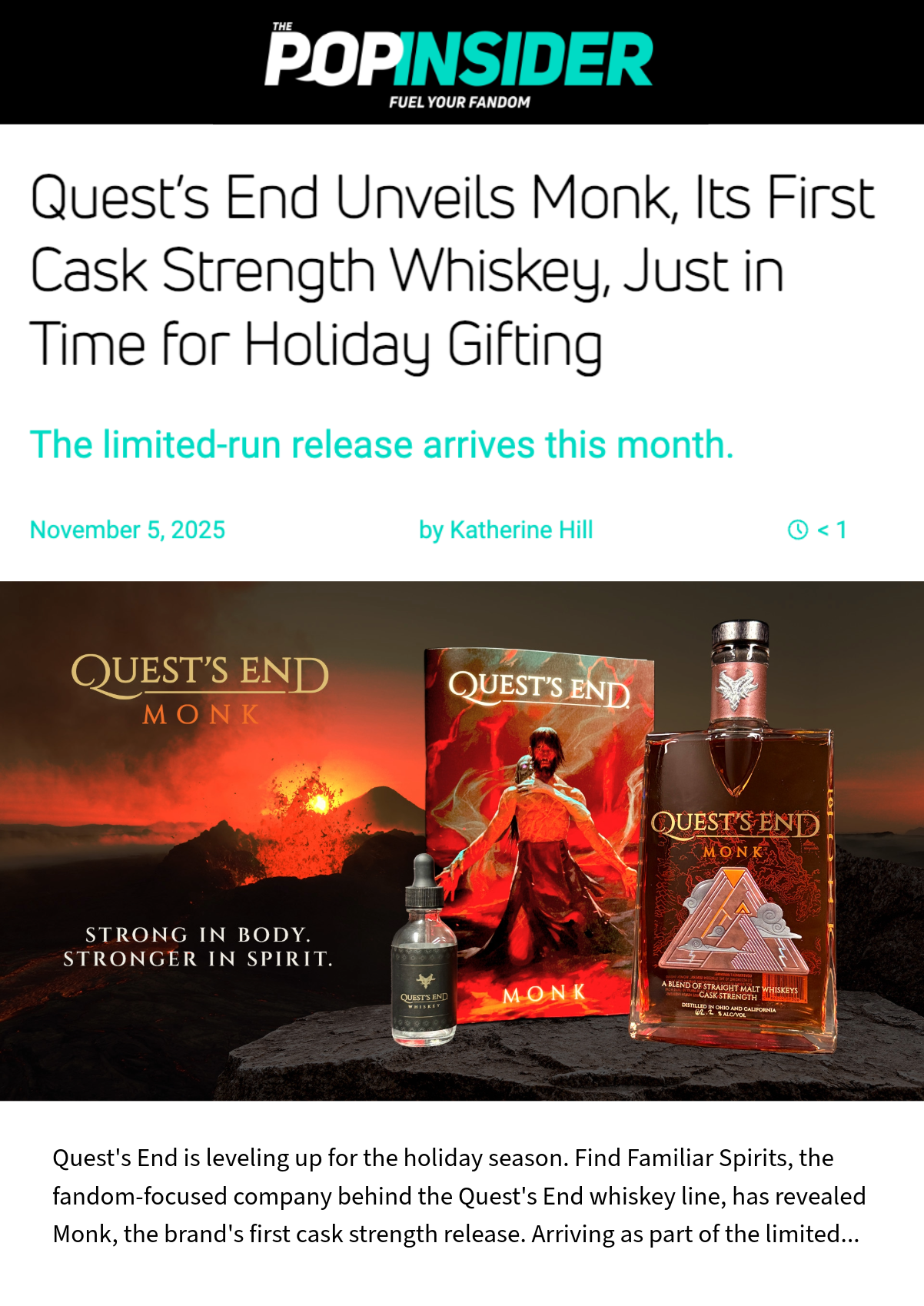 Quest End Whiskey Unveils Monk, It's First Cask Strength, Just in Time for Holiday Gifting